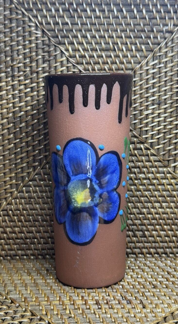 Handpainted w/ Drip Glaze Round Terracotta Mexican Pottery Vase 7”